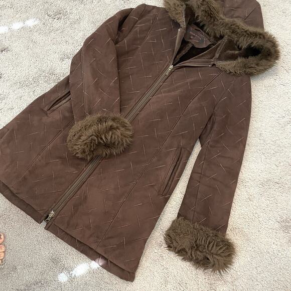 Y2K Faux Suede Fur Trim Hooded Coat Zip Up Women’s Medium 2000s VTG Brown Jacket - Picture 4 of 16